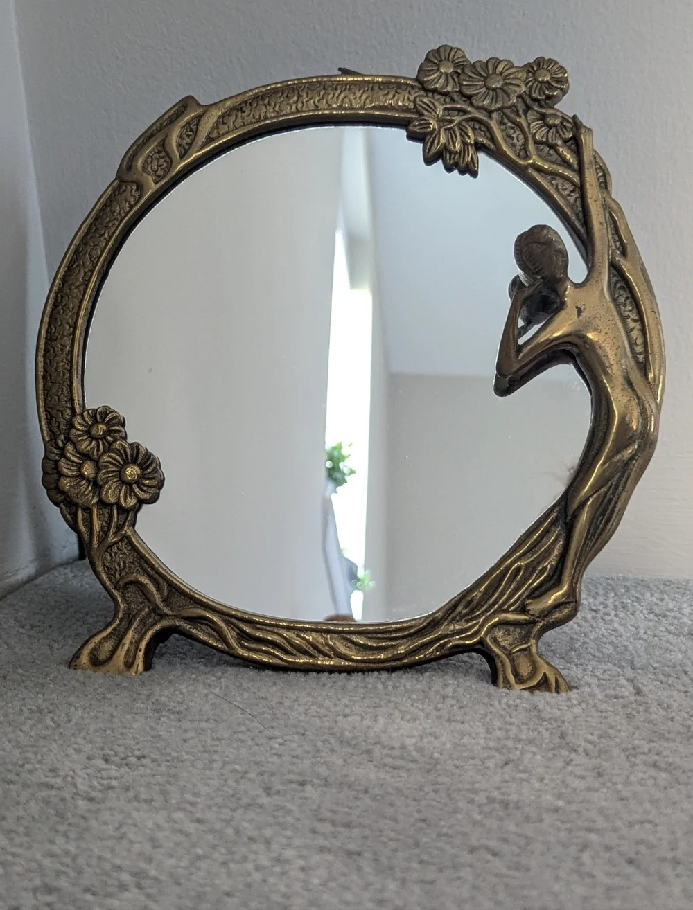Vintage Art Nouveau Brass Lady Of The Lake Mirror
